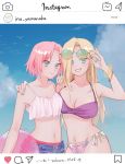  2girls ball beachball bikini bikini_under_clothes blonde_hair blue_eyes blue_nails blush bracelet breasts character_name cleavage closed_mouth collarbone green_nails grin hair_tubes hand_on_another&#039;s_shoulder haruno_sakura highres instagram jewelry large_breasts long_hair looking_at_viewer manbou_0328 mismatched_bikini multiple_girls nail_polish naruto naruto_(series) navel pink_hair purple_bikini red_bikini shiny shiny_hair short_hair side-tie_bikini small_breasts smile straight_hair swimsuit very_long_hair yamanaka_ino 
