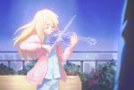  1girl akiko_141 bangs blonde_hair blue_skirt cardigan closed_eyes closed_mouth collared_shirt commentary day dress_shirt highres holding holding_instrument instrument long_hair long_sleeves miyazono_kawori music necktie open_cardigan open_clothes outdoors pink_cardigan playing_instrument railing shigatsu_wa_kimi_no_uso shirt skirt solo violin 