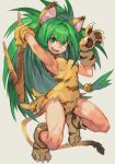  1girl animal_print big_hair boomerang breasts cat_girl cham_cham fang full_body gloves green_hair holding holding_weapon huge_weapon hungry_clicker maya_(culture) mexican paw_gloves paw_shoes paws samurai_spirits shoes small_breasts solo tiger_print upper_teeth weapon 
