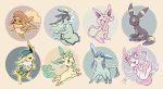  annoyed artist_name bag black_eyes blue_eyes blue_headwear blush cabbie_hat closed_eyes closed_mouth clothed_pokemon colored_sclera commentary_request espeon flareon forehead_jewel full_body gen_1_pokemon gen_2_pokemon gen_4_pokemon gen_6_pokemon glaceon green_eyes hand_up hands_up happy hat holding_own_tail jolteon leafeon light_blush looking_at_viewer lying no_humans on_back one_eye_closed open_mouth outline pokemon pokemon_(creature) purple_sclera red_eyes red_headwear red_sclera shoulder_bag signature simple_background sitting smile standing sylveon tail umbreon vaporeon yurano_(upao) 