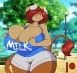  anthro big_breasts bottomwear bovid bovine breast_squish breasts cattle cleavage clothed clothing female hair hi_res horn huge_breasts looking_at_viewer mammal mastergodai one_eye_closed outside park shirt short_hair shorts smile smiling_at_viewer solo squish tank_top topwear wink 