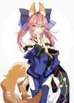  1girl animal_ear_fluff animal_ears bare_shoulders blue_kimono blue_legwear blue_ribbon blush collarbone detached_sleeves fate/extella fate/extra fate/extra_ccc fate/grand_order fate_(series) fox_ears fox_girl fox_tail hair_ribbon highres japanese_clothes kimono looking_at_viewer matsuoka_(mtok_0) nail_polish pink_hair ribbon solo tail tamamo_(fate)_(all) tamamo_no_mae_(fate) yellow_eyes 