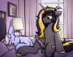 2021 absurd_res animal_genitalia animal_penis balls bed blush cutie_mark detailed_background duo equid equine equine_penis erection eyebrows eyelashes eyes_closed fan_character furniture genitals hasbro hi_res horn inside lying male mammal medial_ring my_little_pony on_bed penis pillow selenophile signature unicorn vein 