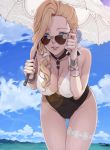  1girl ass_visible_through_thighs asymmetrical_hair azur_lane bare_shoulders black_swimsuit blonde_hair blue_eyes blue_sky breasts cloud cloudy_sky collarbone commentary_request covered_navel covered_nipples day hair_over_shoulder hands_up holding holding_umbrella hood_(azur_lane) hood_(sunlit_lady)_(azur_lane) ivris large_breasts long_hair looking_at_viewer ocean one-piece_swimsuit outdoors parted_lips sky smile solo sunglasses swimsuit thigh_gap thigh_strap thighs umbrella 