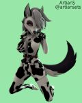  3d_(artwork) animal_print anthro artians barefoot bottomwear breasts canid canid_demon canine choker clothed clothing collar cow_print demon digital_media_(artwork) female finger_fetish finger_in_mouth finger_play fingerless_gloves fingers fur gloves green_background hair hand_on_breast handwear hellhound helluva_boss hi_res jewelry legwear looking_at_viewer loona_(vivzmind) mammal multicolored_body multicolored_fur navel necklace notched_ear open_clothing open_topwear pawpads red_sclera shorts simple_background solo source_filmmaker spiked_collar spikes stockings topwear white_body white_eyes white_fur white_hair 