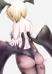  1girl animal_print ass back bat_print bat_wings black_gloves black_leotard black_wings blonde_hair breasts bridal_gauntlets commentary_request cosplay elbow_gloves facing_away fingernails from_behind gloves head_wings ichii_yui leotard long_hair low_twintails low_wings morrigan_aensland morrigan_aensland_(cosplay) pantyhose print_legwear simple_background small_breasts solo standing tatsunokosso twintails vampire_(game) white_background wings yuyushiki 