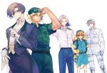  5boys adjusting_clothes adjusting_headwear b_cell_(hataraku_saibou_lady) backwards_hat baseball_cap belt black_hair blonde_hair blue_eyes blue_jumpsuit boots bow bowtie braid brown_eyes brown_hair butler closed_eyes closed_mouth cross-laced_footwear dark_skin dark_skinned_male earrings freckles glasses gloves habuha hair_intakes hands_on_hips hat hataraku_saibou hataraku_saibou_lady helper_t_(hataraku_saibou_lady) highres jewelry jumpsuit killer_t_(hataraku_saibou_lady) knife lace-up_boots m-7156 macrophage_(hataraku_saibou_lady) multiple_boys official_art open_mouth pale_skin short_jumpsuit sidelocks simple_background single_braid smile socks uniform white_background white_blood_cell_(hataraku_saibou) white_footwear white_gloves white_legwear white_neckwear 