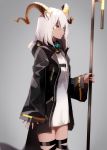  1girl a.a_(aa772) animal_ear_fluff animal_ears arknights bangs beeswax_(arknights) black_jacket brown_eyes commentary_request curled_horns dark_skin dress eyebrows_visible_through_hair from_side grey_background hair_between_eyes holding hood hood_down hooded_jacket horns jacket long_hair long_sleeves looking_away parted_lips simple_background sleeves_past_wrists solo standing white_dress white_hair wide_sleeves 