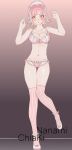  1girl :o bangs bare_arms blunt_bangs blush bow bra breasts character_name cleavage collarbone danganronpa_(series) danganronpa_2:_goodbye_despair full_body gradient gradient_background grey_background groin hands_up highres large_breasts leg_up light_brown_hair medium_breasts nanami_chiaki navel panties pink_eyes pink_hair pink_panties short_hair solo standing standing_on_one_leg stomach striped striped_legwear thighhighs tuteurfars_shin underwear vertical-striped_legwear vertical_stripes 