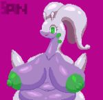  2021 2_fingers antennae_(anatomy) anthro areola belly big_areola big_breasts breasts digital_media_(artwork) dragon eyelashes female fingers front_view glistening glistening_body goodra green_eyes half-length_portrait hi_res huge_breasts long_neck looking_down navel nintendo nipples nude overweight overweight_anthro overweight_female pixel_(artwork) pok&eacute;mon pok&eacute;mon_(species) portrait purple_body simple_background smile solo spinneborg video_games wide_hips 