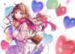  1girl absurdres bag balloon bangs blush box brown_eyes brown_hair buttons confetti earrings eyebrows_visible_through_hair gift handbag heart heart-shaped_box heart_balloon highres holding holding_gift huge_filesize jacket jewelry lips long_sleeves looking_at_viewer morikura_en open_clothes open_jacket open_mouth original pink_jacket pink_scarf scan scarf shiny shiny_hair shoulder_bag simple_background skirt sleeves_past_wrists smile solo white_background zipper_pull_tab 