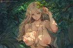  1girl arm_up blonde_hair blue_eyes breasts breasts_apart cutesexyrobutts earrings hair_between_eyes huge_breasts jewelry leaf long_hair necklace nipples nude original outdoors parted_lips pointy_ears shadow solo upper_body watermark web_address 