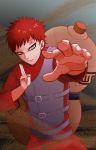  1boy belt cork facial_tattoo foreshortening gaara gourd hand_up highres male_focus naruto naruto_(series) ninja red_hair red_shirt sand shirt short_hair silver_eyes smile solo tattoo ut0702 vest 