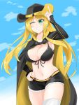  1girl azur_lane bangs bikini bikini_top black_bikini black_cloak black_sleeves blonde_hair blue_sky blush breasts cleavage cloak cloud collarbone commentary_request cowboy_hat cowboy_shot cutoffs day detached_sleeves eyebrows_visible_through_hair front-tie_bikini front-tie_top green_eyes grin groin hair_between_eyes hand_on_hip hat highres hornet_(azur_lane) index_finger_raised jack_(hosuhosu) jpeg_artifacts large_breasts long_hair midriff navel short_shorts shorts sidelocks skindentation sky sleeves_past_wrists smile solo standing swimsuit teeth thighhighs twintails white_legwear yellow_belt 