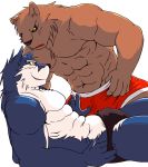 2007 anthro barazoku black_nose blue_body blue_fur brown_body brown_fur bulge canid canine canis clothing duo fur himachi humanoid_hands male male/male mammal muscular muscular_male underwear white_body white_fur wolf 