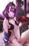  1girl absurdres alcohol bare_shoulders blush cup fang fate/grand_order fate_(series) full_moon hair_between_eyes highres holding holding_cup horns knee_up looking_at_viewer medium_hair midriff moon navel oni oni_horns parted_lips purple_eyes purple_hair revealing_clothes sakazuki sake shuten_douji_(fate/grand_order) sman smile smug solo takom 