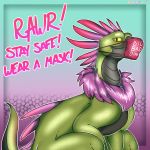  anthro baroo covid-19_pandemic dialogue digital_media_(artwork) dinosaur dragon dromaeosaurid feathered_dinosaur feathers hi_res looking_at_viewer male mask nude open_mouth reptile scales scalie simple_background smile solo theropod wingedwilly 