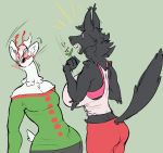  2020 alpaca anthro big_breasts black_body black_fur blood bodily_fluids bottomwear bra breasts camelid canid canine canis clothing digital_media_(artwork) domestic_dog duo ear_tuft emanata female female/female fur green_clothing green_sweater green_topwear grey_bottomwear grey_clothing huge_breasts janny_(ritts) lingonberry long_neck mammal neck_tuft nosebleed ophelia_(fishbo) pants pink_bra pink_clothing pink_nose pink_underwear plant red_bottomwear red_clothing red_pants ritts shirt simple_background skinny surprise sweater tank_top topwear tuft underwear white_body white_fur 