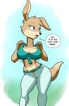  absurd_res anthro big_breasts big_butt blinky_bill_(series) bodily_fluids bottomwear bouncing_breasts breasts brown_body brown_fur butt canid canine canis clothed clothing curvy_figure daisy_dingo dingo eyelashes facial_tuft female fluffy fluffy_tail fur gesture head_tuft hi_res huge_breasts mammal midriff multicolored_body multicolored_fur navel one_ear_up shaking_breasts shirt simple_background solo standing suggestive sweat sweatdrop tank_top tansau text thick_thighs tied_shirt topwear tuft two_tone_body two_tone_fur voluptuous wide_hips 