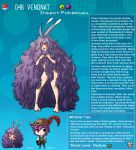  1girl arms_up breasts character_name english_text full_body gen_1_pokemon highres horns kinkymation long_hair looking_at_viewer open_mouth pokemon purple_hair red_eyes simple_background standing venonat very_long_hair 