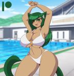  animal_humanoid arms_above_head big_breasts bikini breasts cat_humanoid clothing felid felid_humanoid feline feline_humanoid female green_eyes green_hair hair hi_res humanoid looking_at_viewer mammal mammal_humanoid mastergodai public_pool smile smiling_at_viewer solo swimming_pool swimwear 