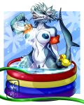  4:5 anatid anseriform anthro armband athletic athletic_anthro athletic_female avian bath bathing belly big_breasts big_tail bird blue_body blue_eyes blue_nipples blue_pussy blue_skin breasts cheek_piercing claws colorful curvaceous curvy_figure duck erect_nipples exposed_breasts eyebrow_piercing eyebrow_ring facial_piercing fangs female fin fish freckles genitals glass grin hi_res holding_object hose inflatable kneeling lamniform lip_piercing lips looking_at_viewer marine maym megnog narrowed_eyes navel nipples non-mammal_breasts nose_piercing nose_ring nude partially_submerged piercing pouring pouring_on_breasts pussy rubber_duck scales shark simple_background slit smile smiling_at_viewer solo splash splashing teeth thick_lips thick_thighs thresher_shark voluptuous water wide_hips 