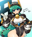  1girl 2021 android animal_print blue_eyes blush breasts chinese_zodiac cleavage cow_print cow_tail eyebrows_visible_through_hair green_hair hat headgear helmet large_breasts leotard long_hair looking_at_viewer marino robot robot_ears rockman rockman_x smile solo tail tobitori translation_request year_of_the_ox 