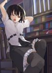  1girl arms_up belt black_hair black_legwear black_skirt bookshelf breasts bright_pupils chair day desk feet_out_of_frame from_below futatsuki_eru hat hat_removed headwear_removed highres indoors leg_lift looking_at_viewer medium_breasts one_eye_closed open_mouth over-kneehighs petticoat puffy_short_sleeves puffy_sleeves red_eyes shameimaru_aya shirt short_hair short_sleeves sitting skirt solo stretch thighhighs tokin_hat touhou untucked_shirt upper_teeth white_pupils white_shirt window yawning 