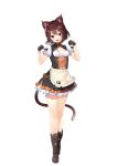  1girl absurdres animal_ear_fluff animal_ears apron bangs black_gloves boots breasts brown_hair cat_ears cat_girl cat_tail cleavage daisy_(isekai_sakaba_no_sextet) fang full_body gloves highres isekai_sakaba_no_sextet layered_skirt looking_at_viewer official_art paw_pose paw_print red_eyes short_hair short_sleeves simple_background skirt small_breasts solo standing tail underbust w_arms waist_apron white_background 