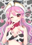  1girl 2021 absurdres animal_ears animal_print bare_arms bare_shoulders bikini breasts chinese_zodiac cleavage commentary_request cow_ears cow_hat cow_horns cow_print etotama fake_animal_ears fake_horns hands_up highres horns long_hair medium_breasts moo-tan pink_hair print_bikini solo suzu_(minagi) swimsuit upper_body v very_long_hair white_bikini white_headwear year_of_the_ox 