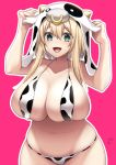  1girl :d animal_ears animal_print bangs bare_shoulders bikini blonde_hair breasts commentary_request cow_ears cow_horns cow_print curvy eyebrows_visible_through_hair hair_between_eyes halterneck hand_on_headwear highres horns large_breasts long_hair navel open_mouth original pink_background plump sidelocks smile suzuki_nene swimsuit thick_thighs thighs 