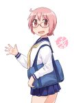  1girl :d ahoge bag bangs blue_sailor_collar blue_skirt commentary_request cowboy_shot dated eyebrows_visible_through_hair from_side glasses hand_up katatsuka_kouji long_sleeves looking_at_viewer neckerchief nonohara_yuzuko open_mouth pink_eyes pink_hair pleated_skirt red-framed_eyewear sailor_collar school_bag school_uniform school_uniform_(yuyushiki) serafuku shirt short_hair shoulder_bag skirt smile solo speech_bubble standing waving white_background white_shirt yellow_neckwear yuyushiki 