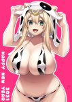  1girl 2021 animal_print belly bikini blonde_hair blush breasts cleavage collarbone commentary_request cow_hood cow_horns cow_print green_eyes happy_new_year highres horns huge_breasts looking_at_viewer muffin_top new_year open_mouth original pink_background plump skindentation solo suzuki_nene swimsuit 