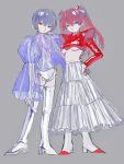  2girls alternate_costume ayanami_rei blue_hair boots breasts cof6ta7w crop_top frilled_leotard frills grey_background hand_on_hip highres juliet_sleeves leotard long_hair long_skirt long_sleeves midriff multiple_girls neon_genesis_evangelion orange_hair puffy_long_sleeves puffy_sleeves purple_eyes red_eyes see-through short_hair silver_footwear silver_legwear silver_leotard simple_background skirt souryuu_asuka_langley thigh_boots thighhighs twintails underboob white_skirt 