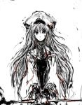  1girl bangs blood blood_on_face bloody_clothes bloody_hair bloody_hands closed_mouth facing_viewer goblin_slayer! hat holding holding_staff long_hair long_sleeves looking_at_viewer merpperoni priestess priestess_(goblin_slayer!) simple_background solo spot_color staff very_long_hair white_background wide_sleeves 