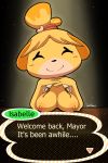  2018 absurd_res animal_crossing anthro blonde_hair breast_rest breasts canid canine canis clothed clothing dialogue domestic_dog english_text exposed_breasts eyes_closed female front_view hair half-length_portrait head_on_hand hi_res isabelle_(animal_crossing) mammal nintendo nipples open_clothing open_shirt open_topwear partially_clothed portrait shih_tzu shirt smile solo talking_to_viewer text tophatmahoney topwear toy_dog video_games yellow_body 