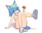  animal_ears aoi_tori armpits bare_shoulders blue_eyes blue_hair blush collarbone doughnut dress eyebrows_visible_through_hair fang food highres holding holding_food medium_hair open_mouth original simple_background sitting skin_fang skirt tail 