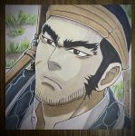  1boy black_eyes black_hair derivative_work facial_hair frown fujidai_(d-works) golden_kamuy gun headband highres male_focus outdoors over_shoulder rifle scar scar_on_face screencap_redraw short_hair sideburns solo stubble tanigaki_genjirou thick_eyebrows upper_body weapon 