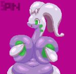  2021 2_fingers :o antennae_(anatomy) anthro areola belly big_areola big_breasts breast_squish breasts covering covering_breasts covering_self digital_media_(artwork) dragon eyelashes female fingers front_view glistening glistening_body goodra green_eyes half-length_portrait hi_res holding_breast huge_breasts long_neck looking_down navel nintendo nude open_mouth overweight overweight_anthro overweight_female pixel_(artwork) pok&eacute;mon pok&eacute;mon_(species) portrait purple_body simple_background solo spinneborg squish video_games wide_hips 