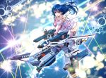  battle black_hair canopy choujikuu_yousai_macross couple dress energy_beam energy_cannon explosion gerwalk giant giantess gloves good_end gunpod handlebar highres ichijou_hikaru laser_beam lynn_minmay maclone macross macross:_do_you_remember_love? mecha music redesign riding roundel science_fiction singing skirt songstress space star_(sky) starry_background strap thrusters u.n._spacy v-mag variable_fighter vf-1 vf-1_strike vf-1s 