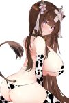  1girl animal_ears animal_print ass azur_lane back bare_shoulders bell bell_collar bikini black_collar breasts brown_hair collar cow_ears cow_girl cow_horns cow_print crossed_bandaids elbow_gloves flower from_behind gloves hair_flower hair_ornament highres horns itete kashino_(azur_lane) long_hair looking_at_viewer purple_eyes simple_background solo string_bikini swimsuit thighhighs very_long_hair white_background white_bikini white_flower white_gloves white_legwear 