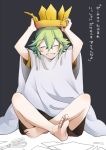  1boy arms_up bangs barefoot blush brown_shorts closed_eyes commentary_request crown eyebrows_visible_through_hair green_hair holding male_focus n_(pokemon) nagiru partially_colored pokemon pokemon_(game) pokemon_bw scissors shirt short_sleeves shorts smile soles solo toes translation_request 