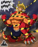 abs angry anthro biceps blonde_hair bodily_fluids bound bulge claws clothing dragon drum_bunker_dragon flexing future_card_buddyfight hair hi_res horn male muscular muscular_anthro muscular_male nipples onodera pecs red_body scarf solo struggling submissive submissive_male sweat teeth underwear 