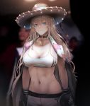  1girl blue_eyes boxing_gloves breasts choker cleavage fx-05_(girls_frontline) girls_frontline greatspirite highres large_breasts light_brown_hair long_hair navel shorts solo very_long_hair 