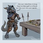  1:1 ambiguous_gender anthro armor black_sclera dagger digitigrade english_text fantasy furniture hi_res hood horn horn_ring jewelry kobold leather leather_armor melee_weapon scalie solo standing table tail_jewelry tail_pouch tail_ring tamlin123 text weapon yellow_eyes 