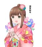  1girl alternate_costume alternate_hairstyle bangs blunt_bangs brown_hair commentary_request eyebrows_visible_through_hair floral_print flower fubuki_(kantai_collection) green_eyes hair_bun hair_flower hair_ornament japanese_clothes jewelry kantai_collection kimono kiusagi_sanae long_hair new_year pink_kimono ring sidelocks simple_background solo upper_body wedding_band white_background 