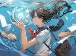  1girl bag bangs black_hair blue_eyes bubble desk eyelashes gompang holding long_hair neckerchief octopus original paper red_neckwear school_bag school_desk school_uniform serafuku short_sleeves solo underwater water 