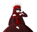  1girl alternate_costume bangs bare_shoulders black_hair black_nails blunt_bangs bow celestia_ludenberg closed_mouth clothing_request cowboy_shot danganronpa:_trigger_happy_havoc danganronpa_(series) dress eyebrows_visible_through_hair frilled_sleeves frills hair_bow hand_up highres lolita_fashion long_hair long_sleeves looking_at_viewer no_(xpxz7347) official_alternate_costume red_bow red_dress red_eyes simple_background smile solo 