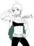 1boy abs alternate_costume belt collar collarbone commentary_request contrapposto cowboy_shot crop_top danganronpa_(series) danganronpa_2:_goodbye_despair earrings greyscale hand_on_hip hand_up hinata_hajime holding holding_phone jacket jewelry looking_at_viewer male_focus midriff monochrome navel open_clothes open_jacket pants phone ring simple_background smile solo_focus tuteurfars_shin white_background 