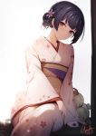  1girl bangs blue_hair breasts floral_print flower genyaky hair_flower hair_ornament highres idolmaster idolmaster_shiny_colors japanese_clothes kimono long_sleeves looking_at_viewer morino_rinze obi red_eyes sash short_hair sitting small_breasts smile white_kimono wide_sleeves 